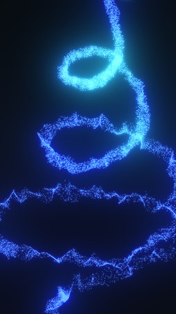 Spiral of glowing blue digital particles forming a luminous helix on dark background.の写真素材