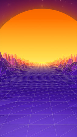 Retro-futuristic landscape with orange sun and purple grid mountains, inspired by 1980s synthwave...