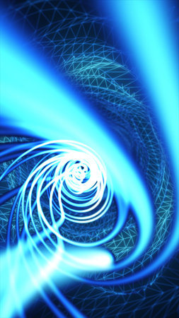 Abstract 3D blue tunnel made of digital wireframe and light swirls, symbolizing data flow and...