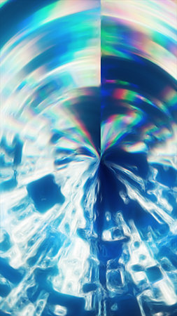 Vibrant abstract composition with swirling icy textures and refracted rainbow light creating a dynamic, high-energy visual effect.の写真素材