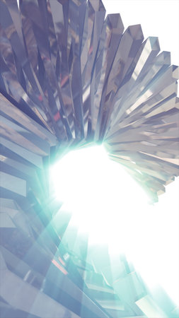 Bright metallic crystal spiral with a glowing white core, symbolizing energy, light, and abstract futuristic structure.の写真素材