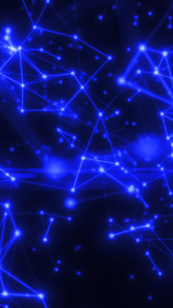 Abstract glowing blue digital network with connected nodes, symbolizing communication, data exchange, and futuristic technology.の写真素材