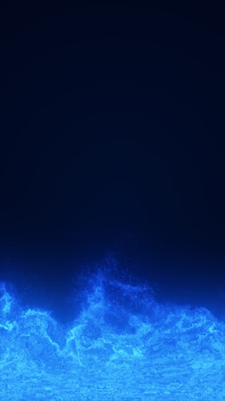 Dynamic glowing blue energy waves rising from the bottom, forming a bright electric abstract...