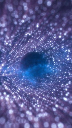 Dynamic tunnel of shimmering dots in blue and violet tones, resembling a digital wormhole.