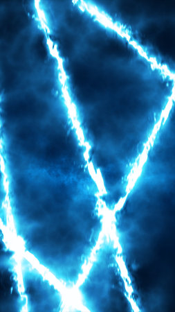 Intense abstract scene of fiery electric lines cutting through deep blue smoky clouds with dramatic...