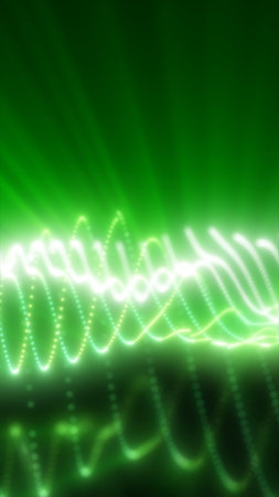 Glowing green waveforms and luminous particle trails forming an energetic abstract digital...