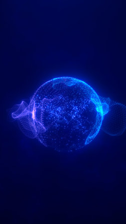 Glowing blue particle sphere suspended in a dark space, forming a futuristic digital energy...