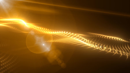 Abstract yellow orange glowing waves from particles and dots energy magical futuristic hi-tech, abstract background.の写真素材