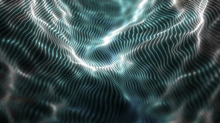 Abstract blue futuristic waves from a grid of particles lines glowing bright shiny neon digital...
