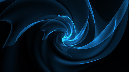 A blue moving spiral of lines and a wave similar to a magical energy beautiful glowing smoke in space.の写真素材