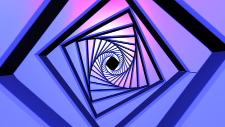 A beautiful abstract multi-colored tunnel of square slabs wrapped twisted into a spiral of bright lines on a black space background. Abstract background.の写真素材
