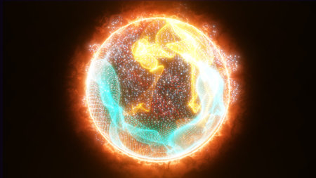 Glowing digital sphere with orange and blue light particles, radiating energy and motion,...
