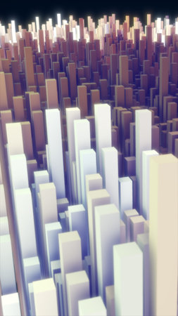 Abstract 3D cityscape made of glowing pastel blocks, symbolizing futuristic architecture and urban...