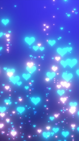 Romantic abstract background with glowing blue and pink heart shapes floating on a soft luminous...