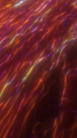Abstract flowing waves of colorful light reflections with red and purple tones, symbolizing energy,...