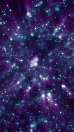 Vibrant cosmic starburst with purple and blue glowing particles radiating into deep space.