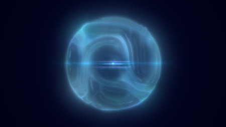 Abstract glowing blue sphere with inner light streaks, symbolizing energy flow, fusion, and futuristic motion.の写真素材