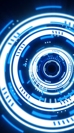 Futuristic glowing blue digital interface with rotating circular HUD elements and sci-fi motion...