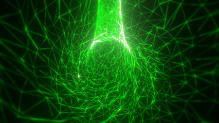 Bright green digital mesh spiraling inward, forming a glowing lattice vortex with dynamic light...