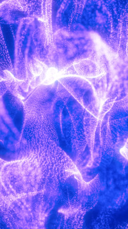 Dense blue and lilac particle nebula swirling with glowing cosmic dust and flowing structures.
