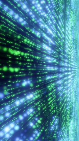 Dynamic abstract background of green and blue glowing particles streaming in motion, creating a futuristic data flow effect.の写真素材