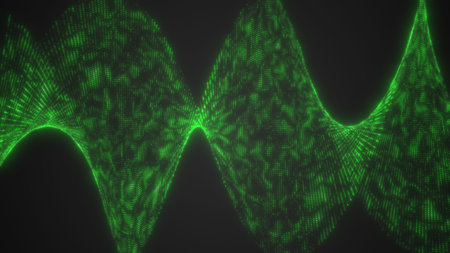 Bright green digital wave made of luminous dots, visualizing data flow, energy vibration, and technological rhythm.の写真素材