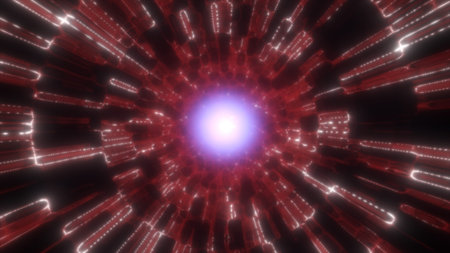 Red glowing tunnel of energy with bright center and luminous moving light beams.