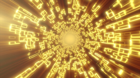 Radiant golden digital tunnel filled with glowing square fragments streaming toward a luminous core.の写真素材