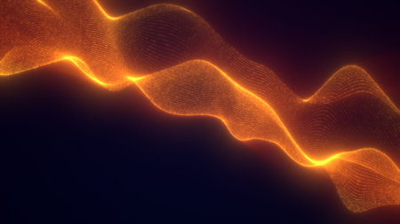Golden glowing ribbon-like digital waves forming dynamic flowing patterns on a dark background.