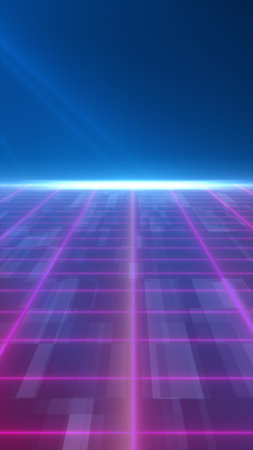 Futuristic neon grid landscape with glowing pink lines and a bright blue horizon in a digital sci-fi...