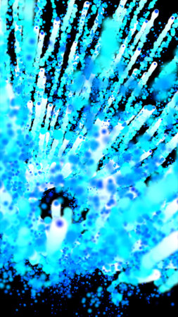 Abstract explosion of glowing blue particles bursting outward in energetic dynamic motion.