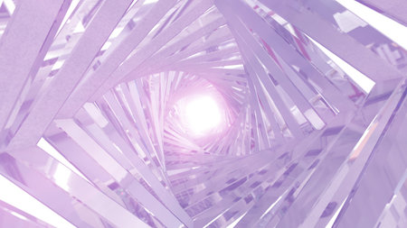 A rotating silver metallic chrome-plated shiny tunnel with walls of ribs and lines in the form of a...