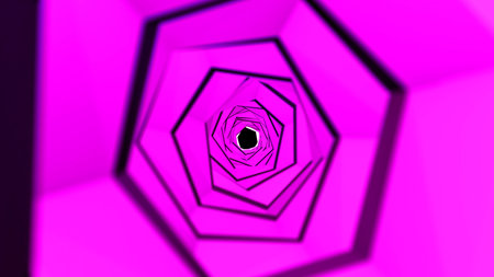 A beautiful abstract purple-pink tunnel of square shapes wrapped twisted into a spiral of bright lines on a black space background. Abstract background.の写真素材