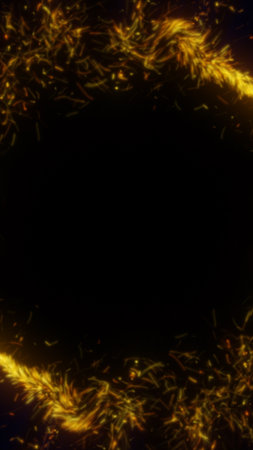 Glowing red and pink particles forming a circular fiery ring with a dark center and motion trails.の写真素材