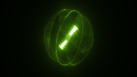 Bright green luminous sphere made of tiny particles forming digital glowing structures.の写真素材