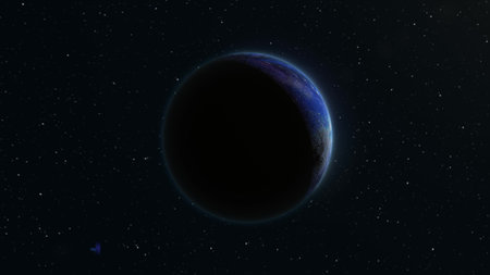 Abstract realistic space spinning planet round sphere with a water surface in space against the...