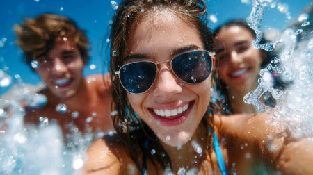 Happy young woman smiling in a sunny beach selfie with friends, splashing water and enjoying summer vacation vibes.の素材