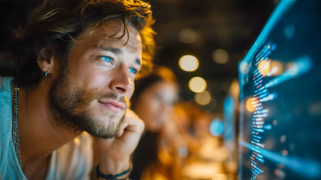Focused young man coding on a computer at night in a modern workspace illuminated by blue bokeh lights.の素材