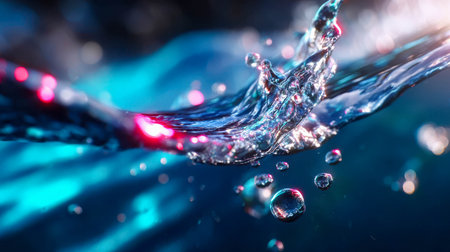 Close-up of glowing colorful water bubbles and splashes under bright abstract lighting.の素材