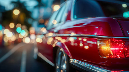 Shiny red retro car driving through city streets at night with reflections of urban lights.の素材