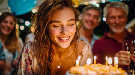 Smiling young woman celebrating birthday and blowing out candles on a cake surrounded by family members.の素材