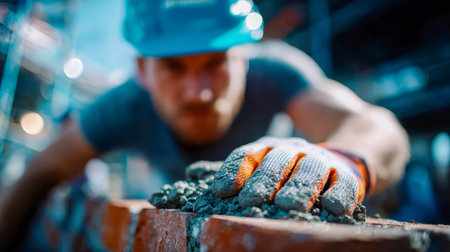 Focused construction worker laying bricks with protective gloves at a building site.の素材