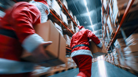 Two Santa Claus figures rushing through a warehouse carrying parcels, representing holiday delivery and festive logistics.の素材