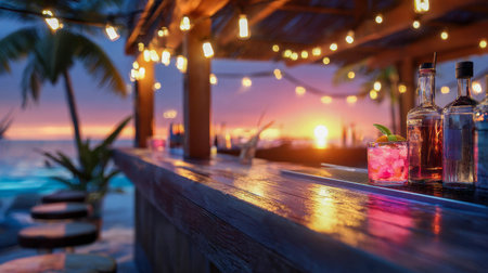 Tropical beach bar at sunset with cocktails, string lights, and ocean view, symbolizing vacation, relaxation, and summer lifestyle.の素材