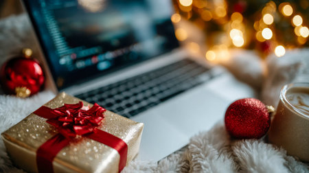 Golden Christmas gift with red bow placed near laptop and holiday ornaments, symbolizing online shopping, digital celebration, and festive lifestyle.の素材