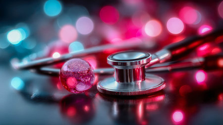 Stethoscope placed among glowing Christmas lights and ornaments, symbolizing healthcare, medicine, and festive holiday spirit.の素材