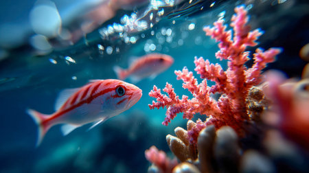 Photorealistic underwater scene with exotic fish swimming near vibrant coral reef.の素材
