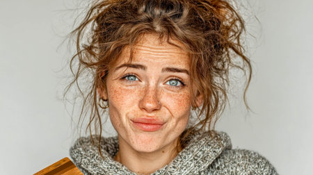 Playful young woman with messy hair smiling and looking up with a humorous expression.の素材