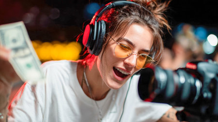 Excited young female streamer in headphones holding cash while live streaming with camera and vibrant lights.の素材