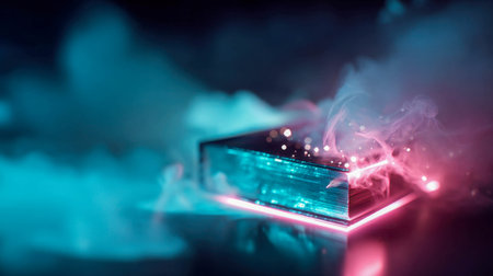 Mystical glowing book with neon smoke rising under a crescent moon in surreal light.の素材
